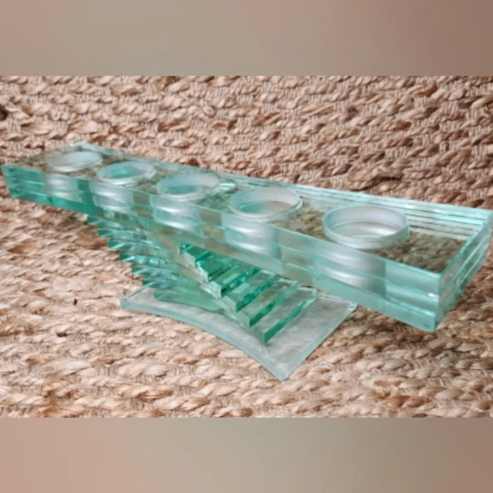 PartyLite Tea Light Candle Holder.Thick Green Glass Stacked Pedestal.Modern.Gift